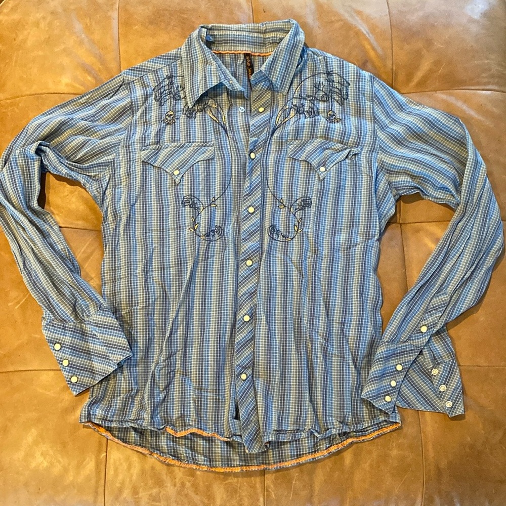 Nudie Jeans Co. Men's Blue Embroidered Pearl Snap Western Shirt